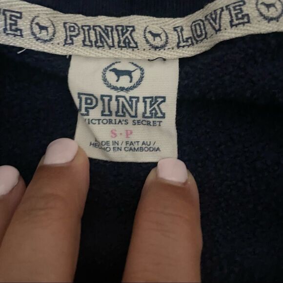 Pink Victoria Secret Navy Hooded Sweatshirt Sz S - Picture 5 of 7